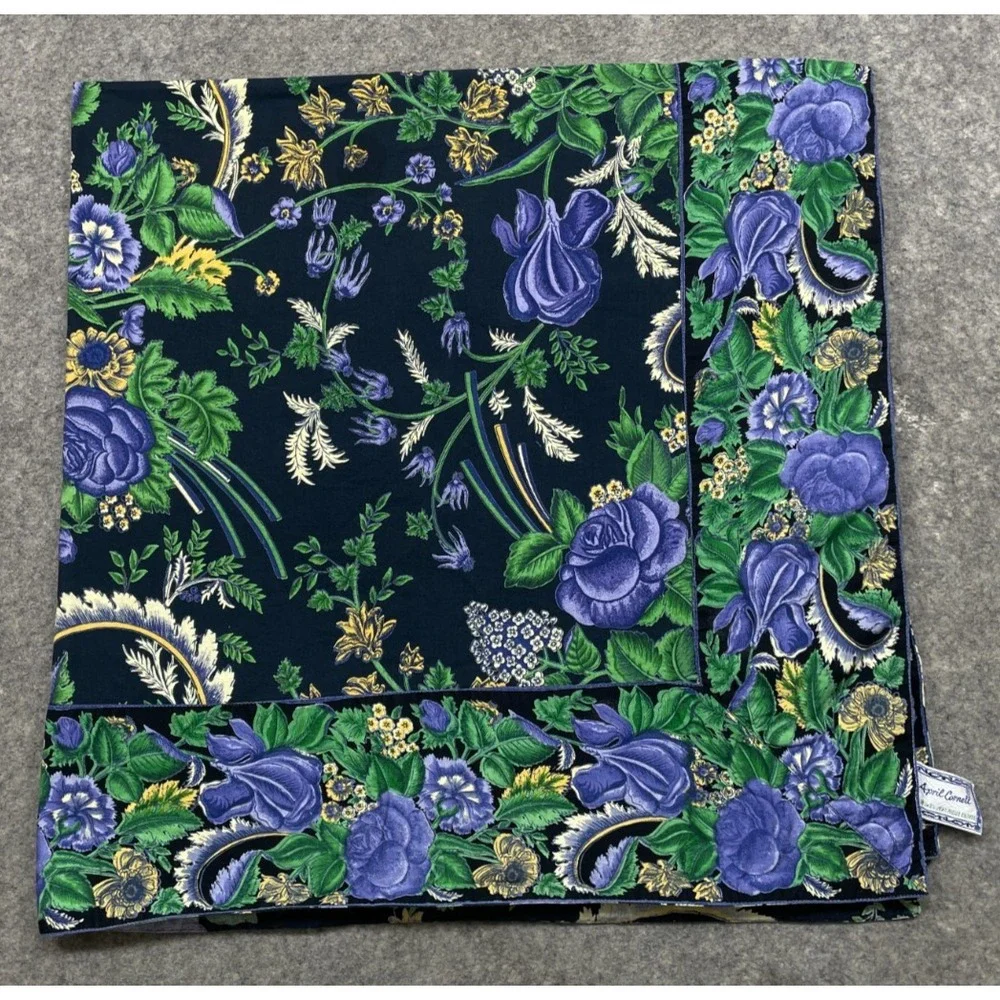 Vintage April Cornell Floral Tablecloth Black Purple Green 47x48
